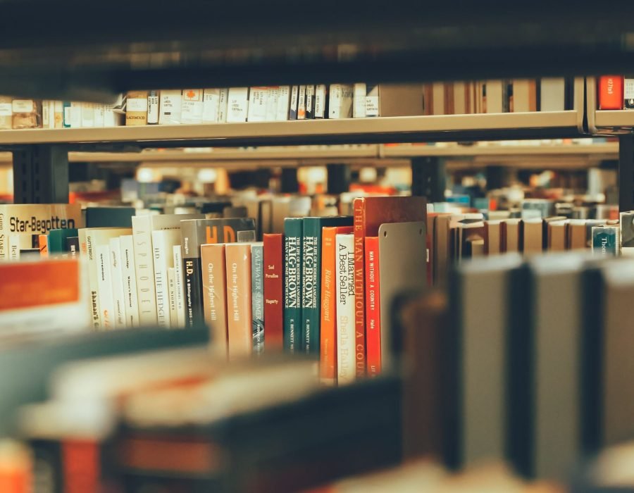 Bookshelves filled with diverse books capture a cozy library atmosphere indoors.